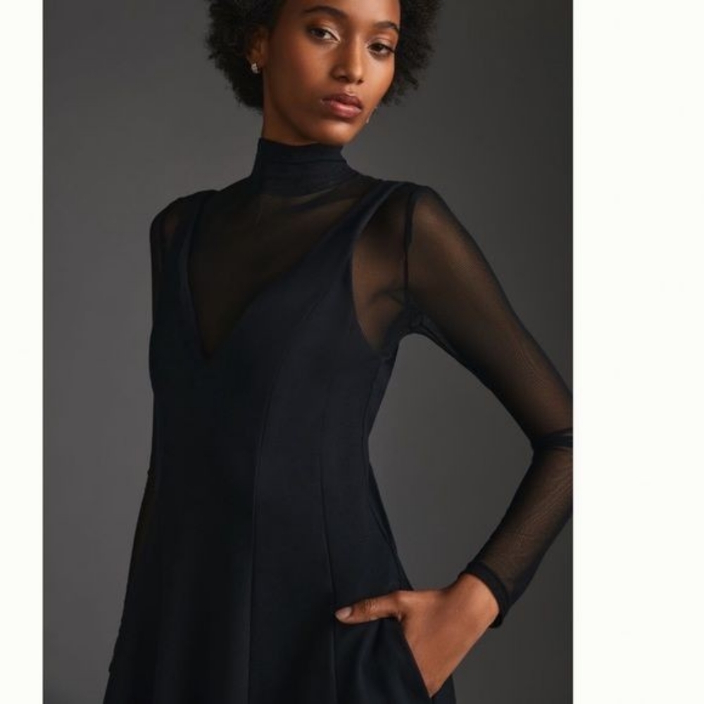 NWT Anthropologie Layered Sheer Mini Dress M Black Long Sleeve Fit & Flare - Picture 2 of 12